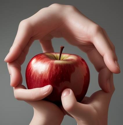 The image shows three hands cupped together, fingers curving into hold a large, glossy red apple. The apple appears centred in the image, with a visible stem on top. The hand from the top is free-floating with no connection to a wrist and presents six fingers. The two hands on the bottom are connected to wrists and have three visible fingers. 
