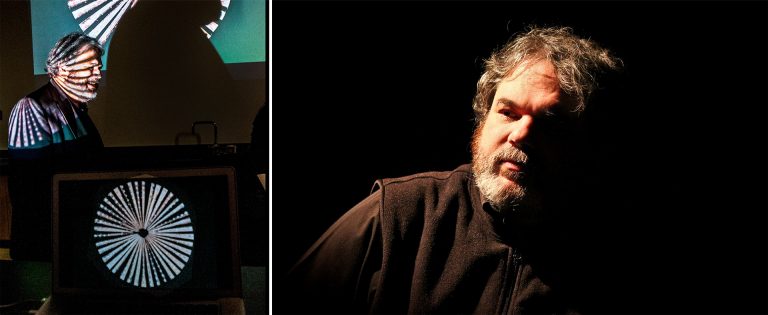 Diptych image. At left, a man with short grey hair and a beard at a concert with green lights shaped like flowers. At right, the same man, dressed all in black, and lit from the side.