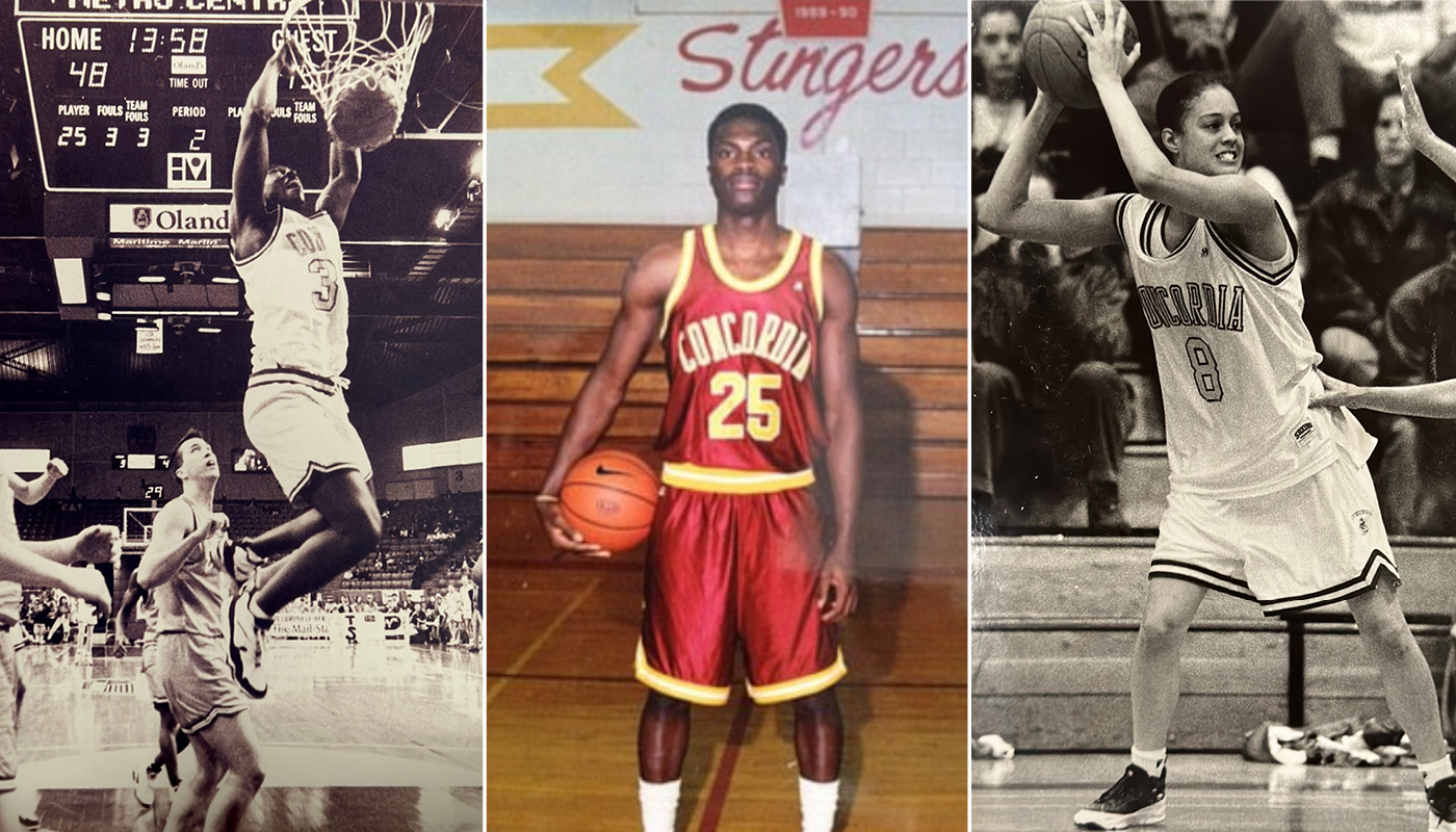 A triptych of vintage photos showing three former Concordia Stingers basketball players