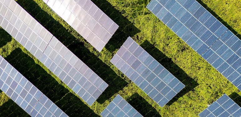 Rows of solar panels on green vegetation seen from above.