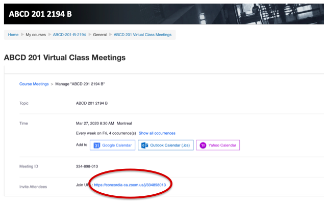 The Manage meeting details page of a class meeting is displayed will information about the meeting. The meeting Join URL is circled.