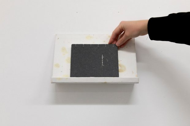 Megan Stein, to those in care of, Artist book: Coptic stitch, gold hot foil, moveable lead type, trace monotype on BFK, Tatami, Kozo, and handmade papers, resting on custom handmade paper shelf