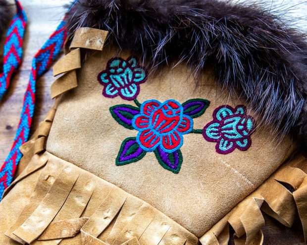 Indigenous beaded brown suede fur-trimmed gloves