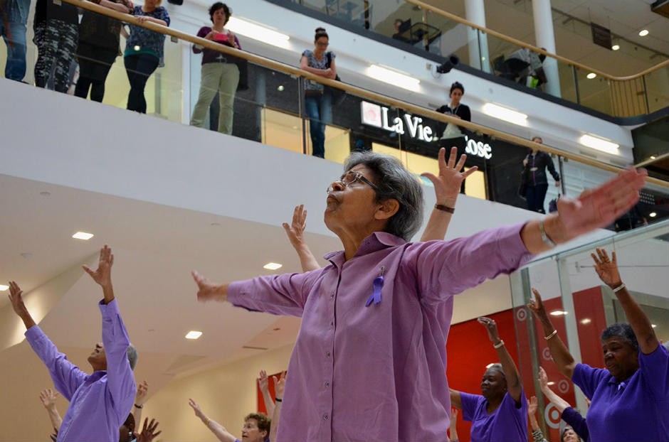 Participants in a flash mob for the 2014 World Elder Abuse Awareness Day, as part of Sawchuk's Ageing, Communication, Technologies project at Concordia University.