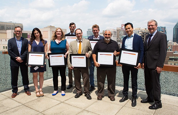 A "stellar" media profile. From left: Philippe Beauregard, Erin O'Loughlin, Kathleen O'Grady, Zachary Patterson, Patrick Leroux, Kyle Matthews, Gad Saad, Thien Thanh Dang-Vu and Alan Shepard. | Photo by Concordia A "stellar" media profile. From left: Philippe Beauregard, Erin O'Loughlin, Kathleen O'Grady, Zachary Patterson, Patrick Leroux, Kyle Matthews, Gad Saad, Thien Thanh Dang-Vu and Alan Shepard. | Photo by Concordia