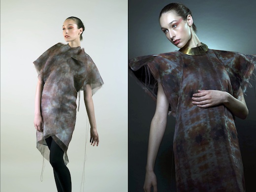 The Shoulder Dress embodies the complexity of the design process when designing for active fibers. The collection shows garments in their multiple stages, low and high energy, enabled by future fibers and transformative textiles. | Photo by Ronald Borshan © 2012