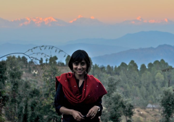Radhika Govindrajan with mountains in background