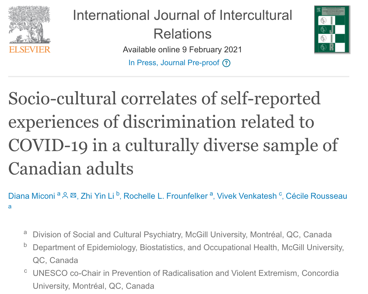 New Publication on Perceived Discrimination Experiences in Canadian Communities in a COVID-19 Context.