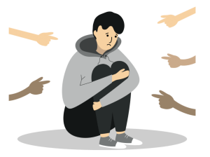 clip-art of a young man crouching with fingers pointing at him from all directions