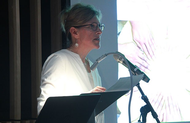 Rebecca Duclos, Dean of Fine Arts, speaking at the AHRC launch. Photo by Dougy Hérard.