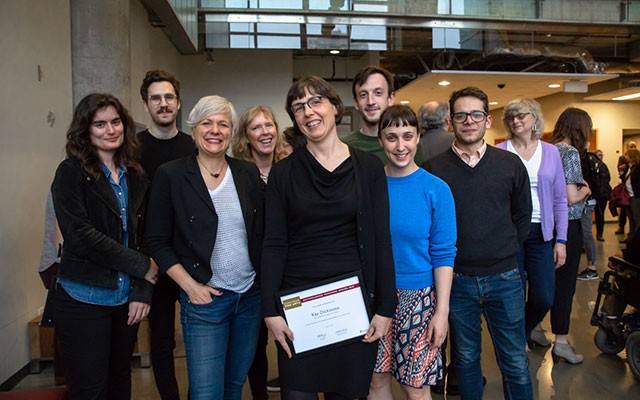Professor Kay Dickinson, film studies, at the Fine Arts Distinguished Teaching Awards with students and colleagues. 