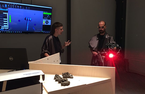 MFA Sculpture students Elliott Elliott (right) Kevin Teixeira (left) working on digital scanning at C2 Montreal.
