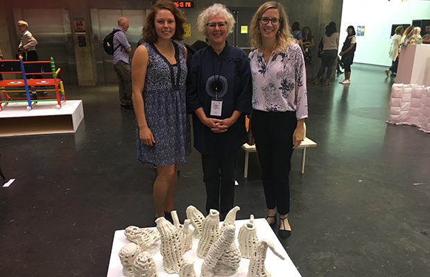 Below, left to right: Erin Berry (Ceramics, Concordia), Susan Surette, Elaine Cheasley Paterson (in front of Erin’s artwork) at the student exhibition.  