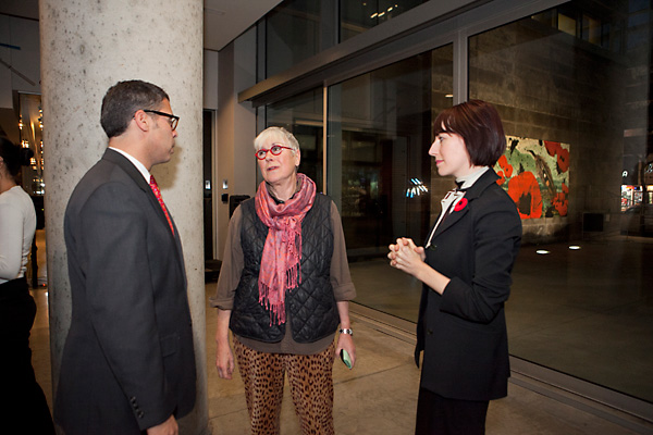 From left to right: Director of Special Projects and Cultural Affairs Clarence Epstein, artist Bonnie Baxter and Assistant to the Director of Special Projects and Cultural Affairs Sandra Margolian. | Photo by Concordia University.