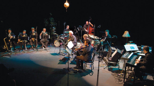Surrounded by musicians of his choice, music professor Gary Schwartz (centre) plays Lettingo: The Music and Influence of Ornette Coleman during its first performance to a sold-out house at Montreal’s Théâtre Lachapelle in January 2010. | Photo courtesy Gary Schwartz