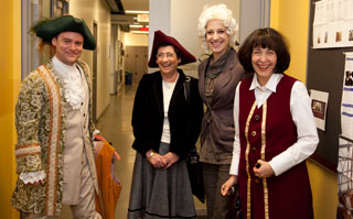 (From left) Rob Coles, Sandra Paikowsky, Johanne Sloan and Loren Lerner in 18th century costumes surprise François-Marc Gagnon at his book launch on April 18.