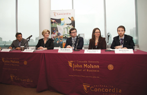Concordia’s Paul Shrivastava, Mary C. Larson of the Finance and Sustainablility Initiative, Ollivier Gamache, Groupe investissement Responsible, Rosalie Vendette of the Desjardins Group and Didier Filion, Cascades at the press conference on April 20. | Photo Concordia University