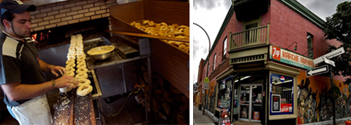 Left: Bagels are a Mile End staple. Right: Iconic housing-commerce mix of Mile End. | Photos courtesy of Tourisme Montréal.