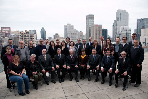 Concordia hosted an event, on October 12, to celebrate new Canada Research Chairs (CRCs) awarded to professors at Montreal universities. In this photo, CRCs posed with dignitaries. From the bottom row, beginning from the second person to the left to right: Louise Dandurand, Concordia Vice-President, Research and Graduate Studies; Christophe Guy, CEO, École Polytechnique de Montréal; Chad Gaffield, President, Social Sciences and Humanities Research Council of Canada; Frederick Lowy, Concordia President; Marta Cerruti, Canada Research Chair in Bio-synthetic Interfaces, McGill University; Senator Larry Smith; Guy Breton, Rector, Université de Montréal; Claude Corbo, Rector, Université du Québec à Montréal. 
