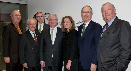 Left to right: David Graham, Provost and Vice-President, Academic Affairs, Concordia University; Frederick Lowy, President and Vice-Chancellor (Concordia University); Michael Kenneally, Principal, School of Canadian Irish Studies (Concordia University); Eamon Gilmore, T.D., Minister for Foreign Affairs & Trade, Deputy Prime Minister (Tánaiste) of Ireland; Marie Claire Morin, Vice-President, Advancement and Alumni Relations (Concordia University) and The Right Honourable Paul Martin, former Prime Minister of Canada and Mr. Daniel Johnson, former Premier of Quebec. | Photo by Concordia University