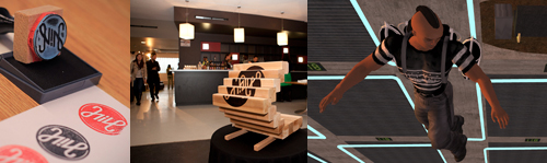 Left: Design students embraced a sustainability mandate in redesigning the Hive Café, repurposing materials for furniture and creating the visual identity. Right: Time TravellerTM/Abtec is a virtual reality adventure about a young Mohawk man living in the 22nd century who travels through time and relives historical conflicts that have involved First Nations.