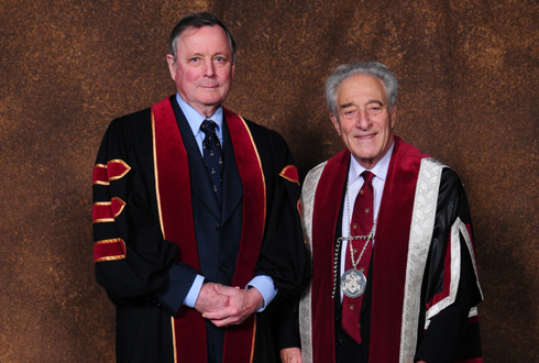 Left to right: Honorary doctorate recipient General John de Chastelain with Concordia's President and Vice-Chancellor Frederick Lowy. John de Chastelain is a retired Canadian military officer and former ambassador to the United States who is being recognized for his contributions to international conflict resolution, most notably in Northern Ireland. 