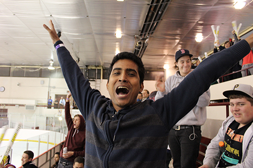 GradConnect participant Ashis Kumar Bhowmik celebrates after the Stingers score a goal in their Corey Cup victory over the McGill Redmen.