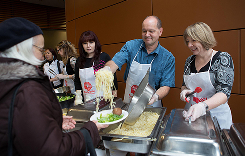Volunteers serve up a delicious pasta lunch to hungry givers | Photo by Concordia University