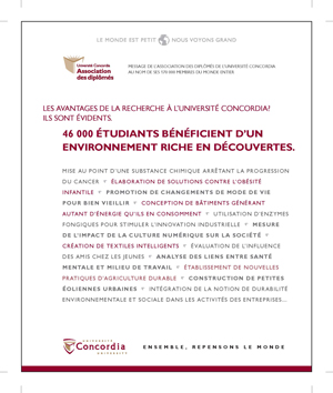 Sponsored by the Concordia University Alumni Association, this advertisement will appear in La Presse and Les Affaires.