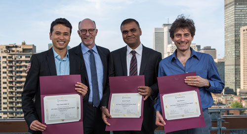 At the Celebration of Excellence event on May 30, Vice-President, Research and Graduate Studies, Graham Carr (second from left) presented the 2013 Petro-Canada Young Innovator Award to three professors: Thanh Dang-Vu (at left), Navneet Vidyarthi and Pablo Bianucci (at right). | Photo by Concordia University