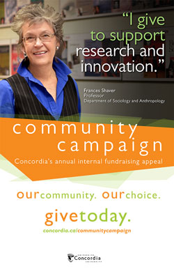 A poster campaign across both campuses featured photos of Frances Shaver (above), a professor in the Department of Sociology and Anthropology, and Concordia Publications Manager Howard Bokser (below). Images by Concordia University.