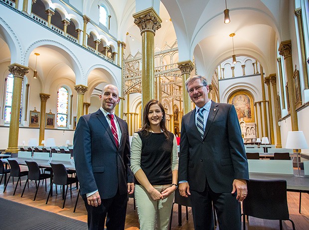 Concordia Political Science student Jessica Lelièvre was the first student to enter the new Grey Nuns Reading Room. She was  welcomed by (right) President Alan Shepard and Provost Benoit-Antoine Bacon (left).
