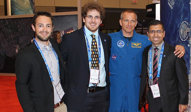Students Austin Hubbell and Nicholas Velenosi from Space Concordia's Aleksandr satellite project, David Saint-Jacques, currently-active Canadian astronaut, and Mehdi Sabzalian, team lead for Aleksandr