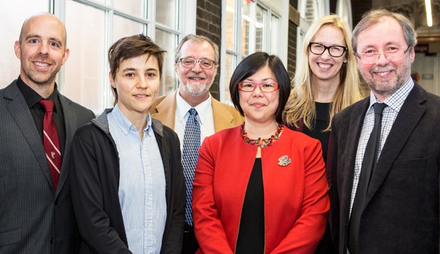 Dean’s Award winners Amy Swiffen, Henry Lemmetti, Karen Li and Elena Benelli, pictured here with Provost Benoit-Antoine Bacon (far left), André Roy (far right), dean of the Faculty of Arts and Science.