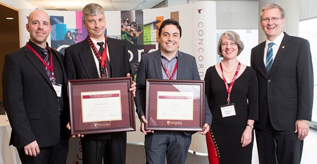 From left: Benoit-Antoine Bacon, provost and vice-president, Academic Affairs; Ted (Tadeusz) Obuchowicz; Ivan Contreras; Catherine Bolton, vice-provost, Teaching and Learning and Alan Shepard, president, Concordia University. 