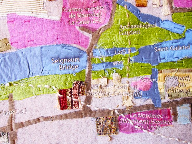 Detail of Lachine Canal (hand embroidery on textile appliqué) by artist and art education professor Kathleen Vaughan: “Maps empower people by emphasizing their own sense of entitlement to space.”