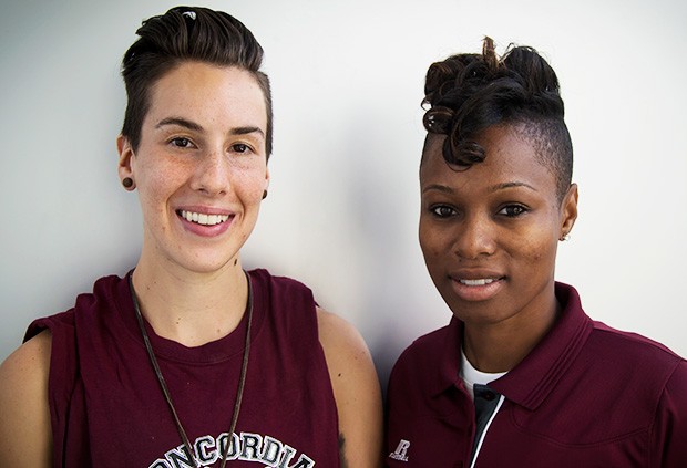 “I’m expecting a physical game,” says Tenicha Gittens, new head coach of Concordia’s women’s baskeball team, pictured here with Marie-Ève Martin (left). | Photo courtesy of Athletics & recreation
