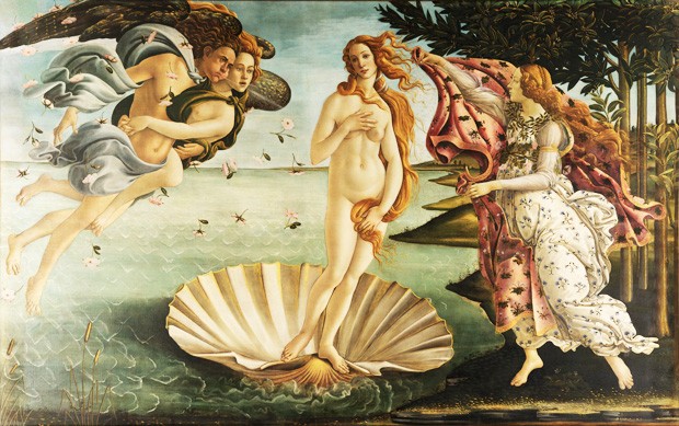 The Birth of Venus (Italian: <em>Nascita di Venere</em>) is a painting by Sandro Botticelli generally thought to be a represention of the Neoplatonic idea of divine love in the form of a nude Venus. | Image via Wikimedia and the Google Art Project