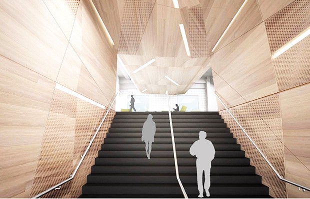 An architectural rendering of the Webster Library’s future main staircase leading to the second floor (LB2).  | Image courtesy of Menkès Shooner Dagenais LeTourneux Architectes