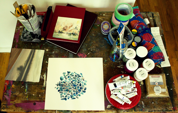 The desk of an artist at work. | Photo courtesy of the artist