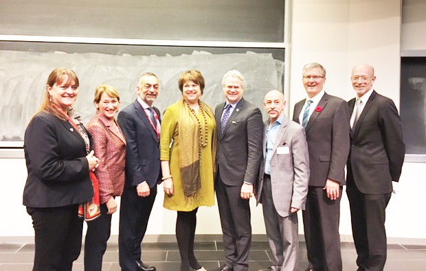 From left: Isabelle Bajeux (dean of McGill’s Desautels Faculty of Management), Suzanne Fortier (principal and vice chancellor of McGill University), Samer Faraj, (McGill’s Desautels Faculty of Management), Hélène David (minister responsible for higher education), Jacques Robert (HEC Montréal), Francois Marticotte (ESG UQAM), Alan Shepard (president and vice-chancellor of Concordia University), Graham Carr (provost and vice-president of Academic Affairs at Concordia University).