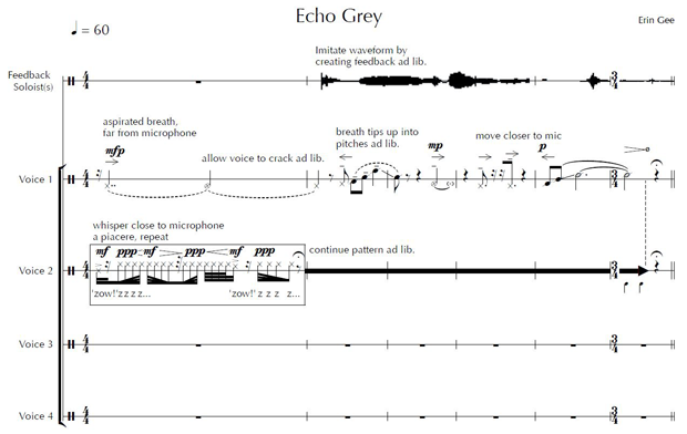 In Echo Grey, Gee focuses on breathing and voice as a way of experimenting with a new style of singing.