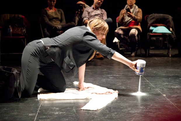 Humanities PhD alumna Tatiana Korolova during her performance Rara Avis. | Photo by Michael JH Wooley