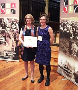 Nora Jaffary (right) receives the Ferguson prize from CHA president Joan Sangster.