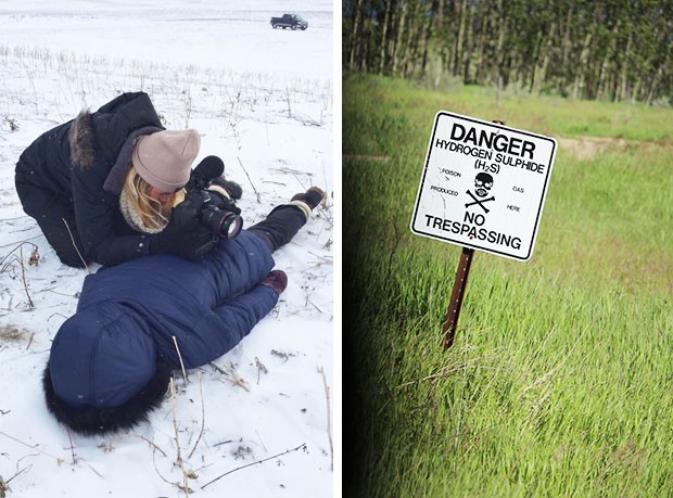 Janelle Blakley (left) uses colleague Brenna Engel as a makeshift tripod. Poison gas sign (right) photographed by Michael Wrobel.