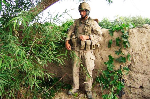 Leger finds shade under a tree while on foot patrol in Kandahar province’s Panjwai district.