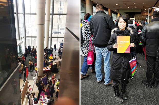 Mid-February weather did not deter the crowds at Open House and Portfolio Day. Future student Wenxing Luo  (right) travelled to Montreal from Zhuhai, China. | Photos by Sarah Buck and Fan Zang