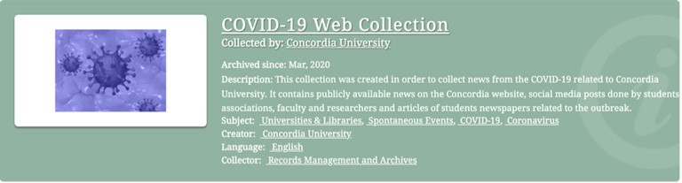 Figure 1: Concordia University COVID-19 Web Collection 