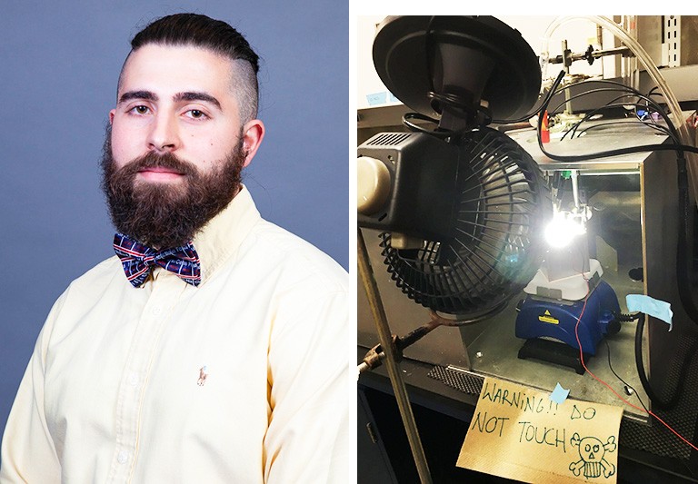 At left: Young man with a beard, a yellow shirt and a red and blue bow-tie. At left: Apparatus in a lab, including a bright light, a fan, and sign that says "Warning, do not touch."