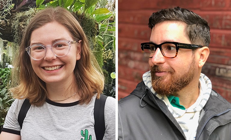 Left: Young woman with long blond hair and glasses. Right: Young man with short brown hair and a beard, wearing glasses.